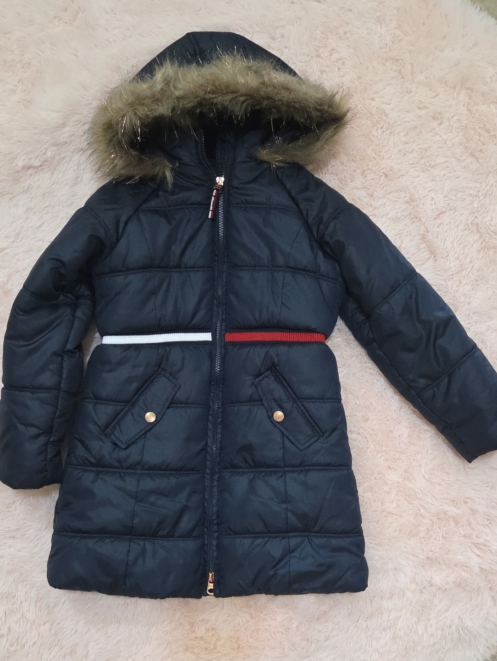 Tommy HILFIGER Girls' Navy Puffer Coat with Faux-Fur Hood